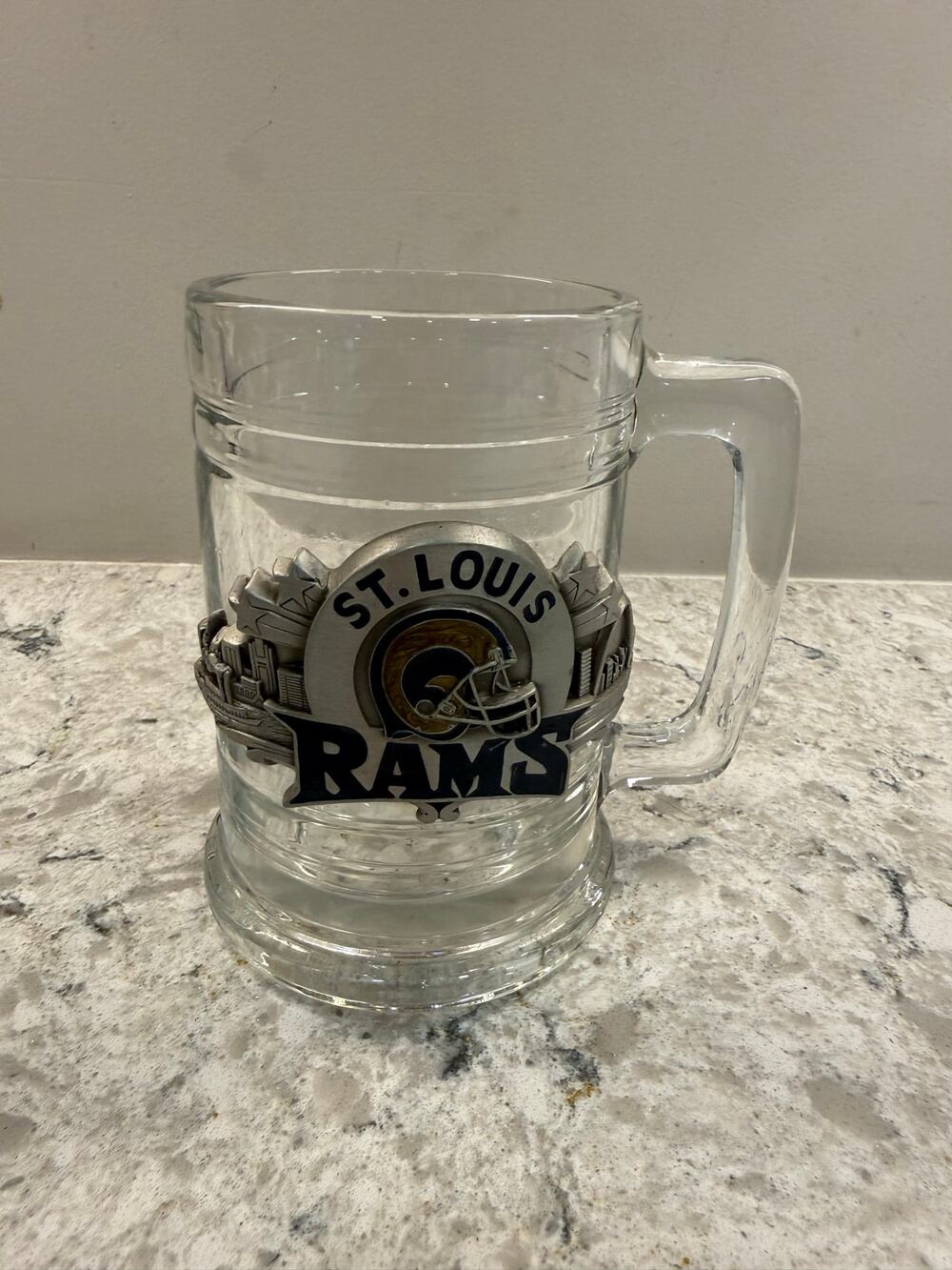 ST. LOUIS RAMS Heavy Glass Beer Mug Stein 3D Pewter Emblem NFL